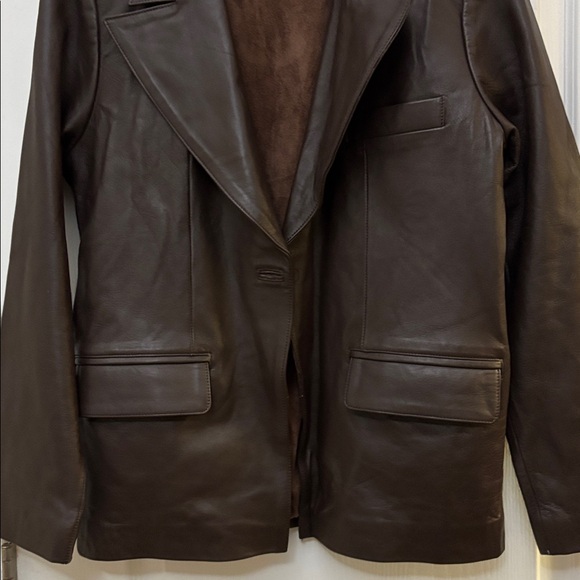 NOORA One-Button Leather Blazer Jacket Brown Sz L Lined Pockets - Picture 5 of 11